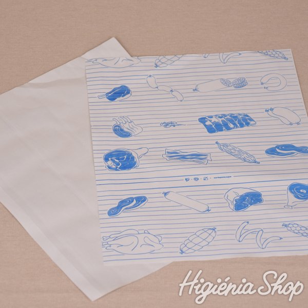 Halványszürke fóliázott húscsomagoló papír kék színű hús mintával - 40x30 cm / 10 kg
