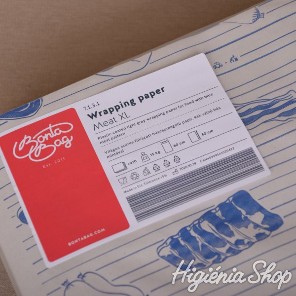 Halványszürke fóliázott húscsomagoló papír kék színű hús mintával - 60x40 cm / 15 kg