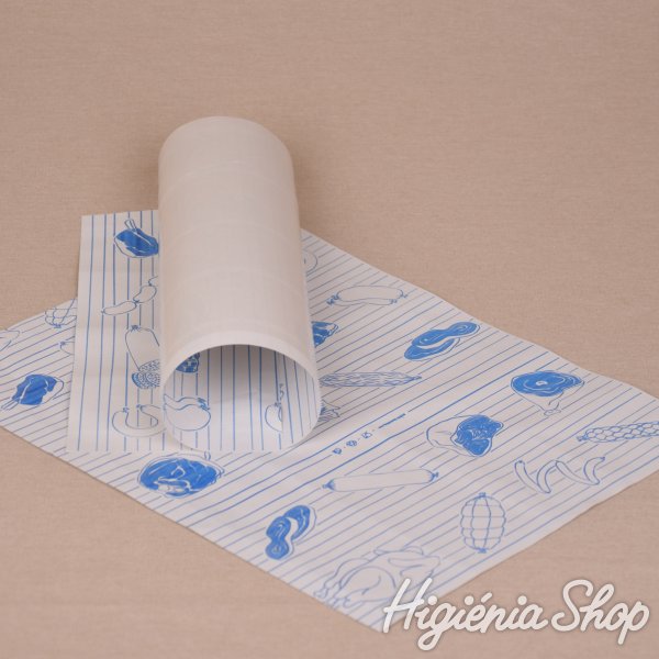 Halványszürke fóliázott húscsomagoló papír kék színű hús mintával - 40x30 cm / 10 kg