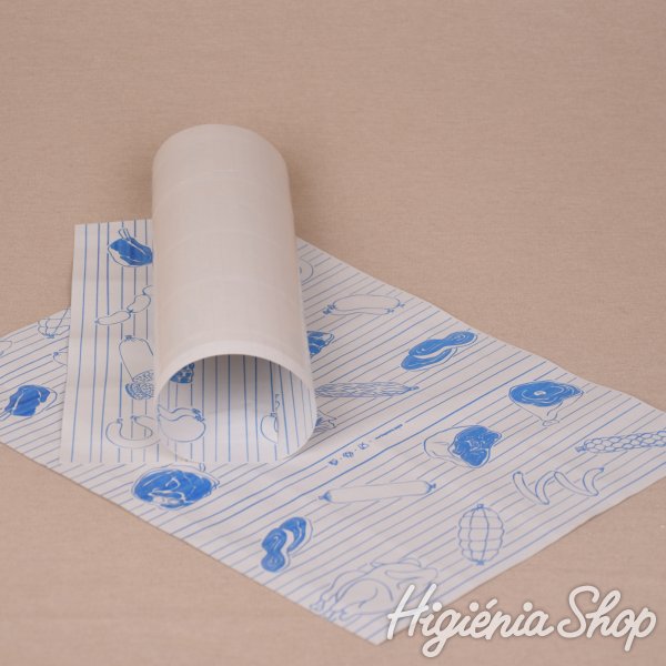 Halványszürke fóliázott húscsomagoló papír kék színű hús mintával - 60x40 cm / 15 kg