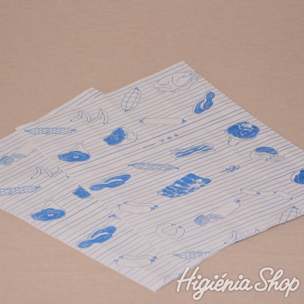 Halványszürke fóliázott húscsomagoló papír kék színű hús mintával - 30x30 cm / 5 kg